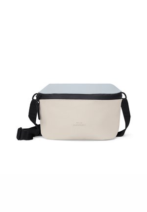 Rectangular two-tone crossbody bag with beige body, light gray top, black zipper, and adjustable black shoulder strap.