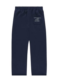 Navy blauwe sweatpants van katoen, met een elastische tailleband, taps toelopende pijpen en een achterzak met een gedrukt logo.