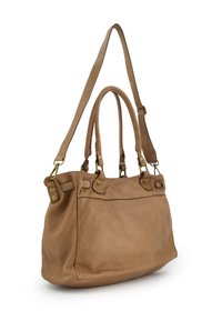 Brown leather handbag with dual handles and a detachable shoulder strap. Features gold-tone hardware and a smooth textured finish.