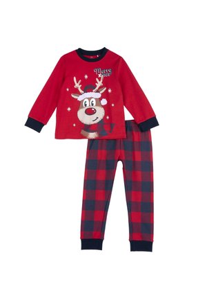 Maglia da pigiama rossa a maniche lunghe con una grafica di renna, abbinata a pantaloni a quadri blu navy e rossi con vita elastica.