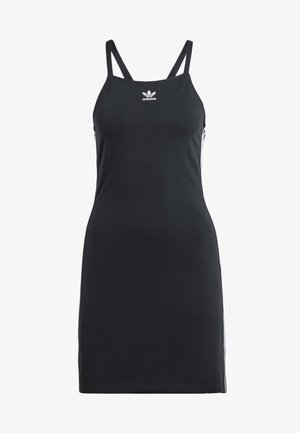 Melnās sportiskās kleitas ar plānām siksnām, pieguļošs augšdaļa un taisna apakšmala. Uz krūtīm ir balts Adidas logo un baltas sānu līnijas.