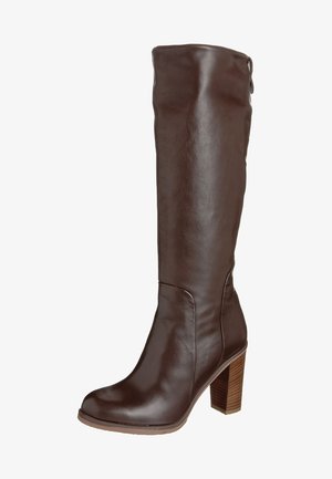 Brun læderstøvle op til knæet med rund tå og en robust træhæle. Har en glat tekstur og detalje med sidesyning.