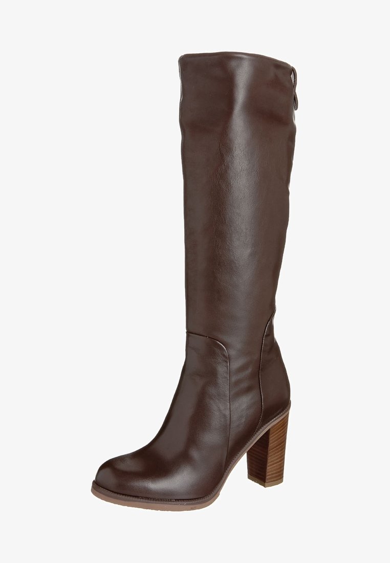 Botte haute jusqu'au genou en cuir marron avec un bout rond et un talon épais en bois. Présente une texture lisse et un détail de couture latérale.