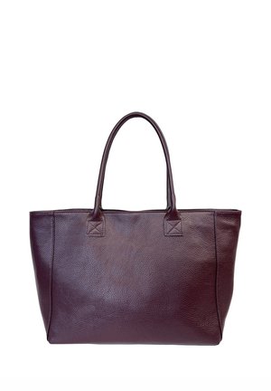 Borsa tote in pelle marrone scuro con due manici, forma rettangolare e superficie testurizzata su sfondo bianco.