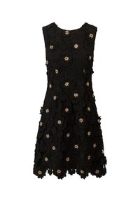Schwarzes ärmelloses Kleid aus Spitze, verziert mit floralen Mustern und Perlen. Der gezackte Saum verleiht dem Design eine besondere Note.