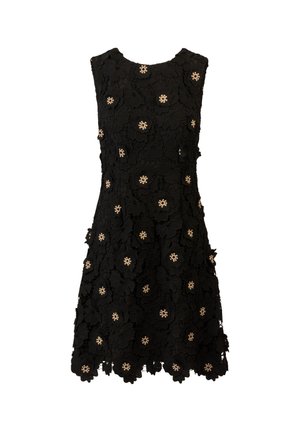 Zwarte mouwloze jurk van kant, met bloemmotieven versierd met kralen. De golvende zoom voegt detail toe aan het ontwerp.
