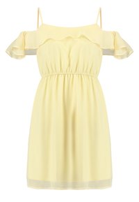 Žluté šaty bez ramínek s volánovým výstřihem, elastickým pasem a splývavým materiálem. Mají tenká ramínka a krátké rukávy.