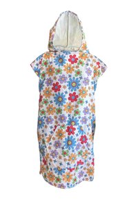 Poncho con cappuccio realizzato in tessuto morbido, caratterizzato da un vivace motivo floreale con fiori multicolori su uno sfondo chiaro e una tasca frontale.