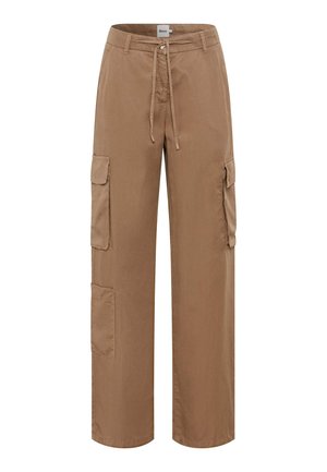 Khaki cargobroek met een losse pasvorm, voorzien van een verstelbare tailleband en meerdere grote zijzakken. Gemaakt van lichte, gladde stof.
