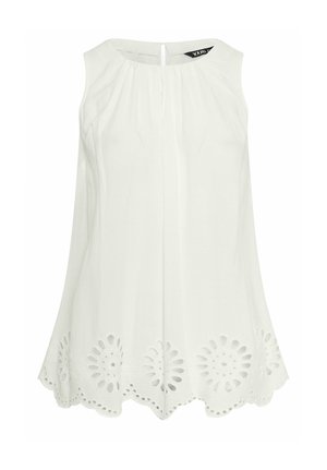 Mouwloze witte blouse met ronde halslijn, geplooide details bij de kraag en een gegolfde zoom met cirkelvormige bloemenuitsnijdingen.