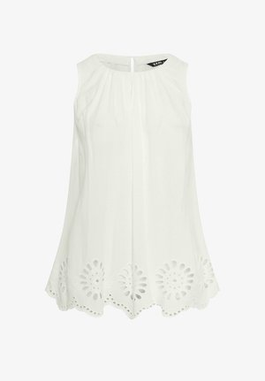 Mouwloze witte blouse met ronde halslijn, geplooide details bij de kraag en een gegolfde zoom met cirkelvormige bloemenuitsnijdingen.