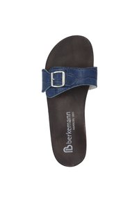 Blue crocodile-patterned sandal with a wide strap and silver buckle, featuring a brown cushioned footbed and embossed brand logo.