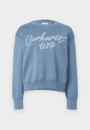 Sweatshirt blu in maglia con scollo rotondo, maniche lunghe e orlo accorciato. Presenta una stampa bianca del logo "Carhartt WIP" sul davanti.