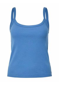 Top sin mangas azul con canalé, tirantes delgados, escote redondeado y silueta ajustada. Textura suave sin patrones adicionales.
