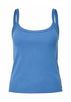 Top blu ribbed con spalline sottili, scollatura rotonda e silhouette aderente. Tessuto liscio senza ulteriori motivi.