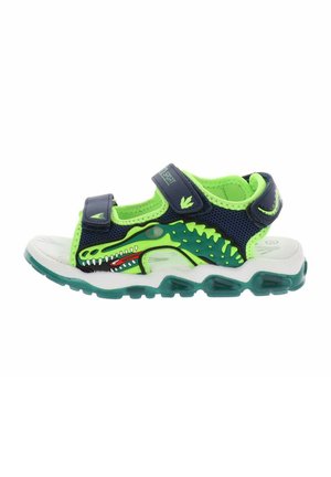 Sandalo aperto per bambini con cinturini verdi e blu navy, con un design colorato di coccodrillo sul lato e chiusure in velcro regolabili.