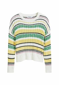 Gestreifter Strickpullover mit Rundhalsausschnitt in den Farben Grün, Gelb, Schwarz und Weiß, mit gerippten Bündchen und Saum für einen Texturkontrast.