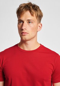 Rød kortærmet t-shirt med rund hals, lavet af glat stof, med en tætsiddende silhuet og subtile syningsdetaljer.