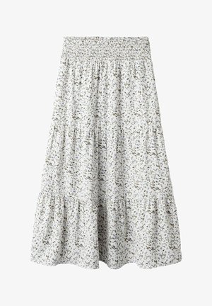 Falda de capas con estampado floral en tela ligera. Fondo blanco con pequeñas flores verdes y azules. Cintura elástica con fruncidos para mayor comodidad.