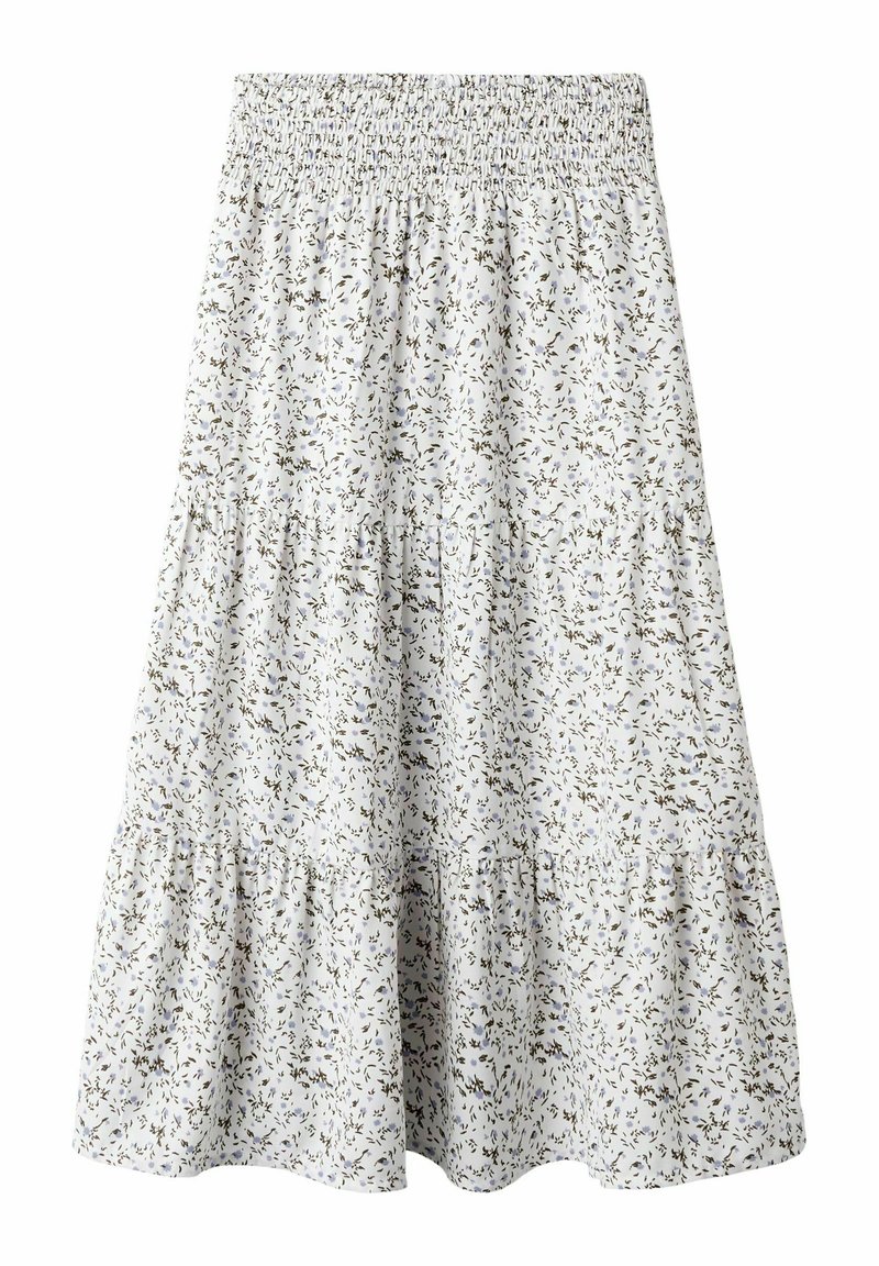Blommig prickad kjol i lätt tyg. Vit bakgrund med små gröna och blå blommor. Smockat midjeband för stretch.