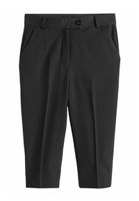 Schwarze maßgeschneiderte Hose mit vorderen Falten, Knopfverschluss und seitlichen Taschen. Glattes Material, verkürzte Länge und eine stromlinienförmige Silhouette.