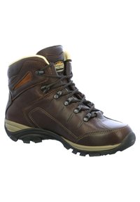 Braune Leder-Wanderschuhe mit einem hohen Knödesdesign, kontrastierenden hellbraunen Akzenten, Gummisohle und Schnürverschluss mit sechs Ösen.