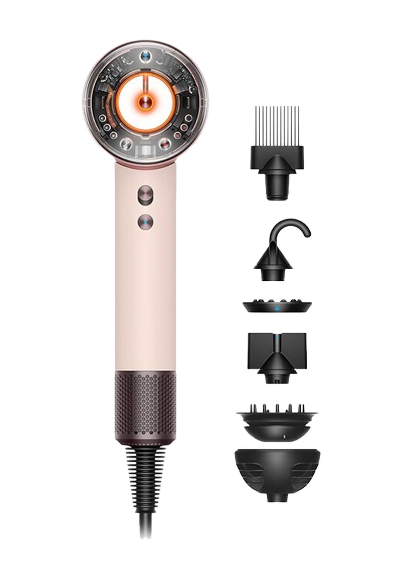 Asciugacapelli rosa e grigio con testina circolare che emette una luce arancione. Include cinque accessori neri di forme e funzioni diverse.