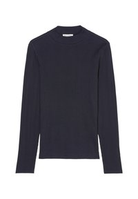 Tamno plavi rebrasti dugosleeve top s visokim izrezom. Izrađen od mekog, rastezljivog materijala, s diskretnim vertikalnim linijama kroz cijelu površinu.