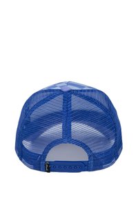 Blå meshkeps med en strukturerad krone och en plastknäppning. Texturerade meshpaneler förbättrar andbarheten.