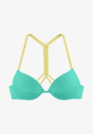 Türkiser Bikini-Oberteil mit glatter Textur, ausgestattet mit gelben geflochtenen Trägern und verstellbarem Kreuzdesign am Rücken.