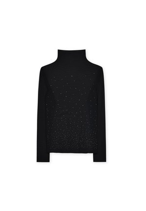 Black turtleneck sweater with long sleeves, featuring a textured pattern and scattered small rhinestones across the lower section.