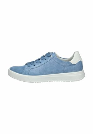 Hellblaue Wildledersneaker mit weißem Lederfersenbereich, runden Schnürsenkeln, einer strukturierten Oberfläche und einer strapazierfähigen weißen Gummisohle.