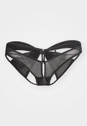 Schwarze Unterwäsche aus Netz- und Satinmaterialien, mit einem einzigartigen Cut-Out-Design und dünnen Trägern für eine verstellbare Passform und Unterstützung.