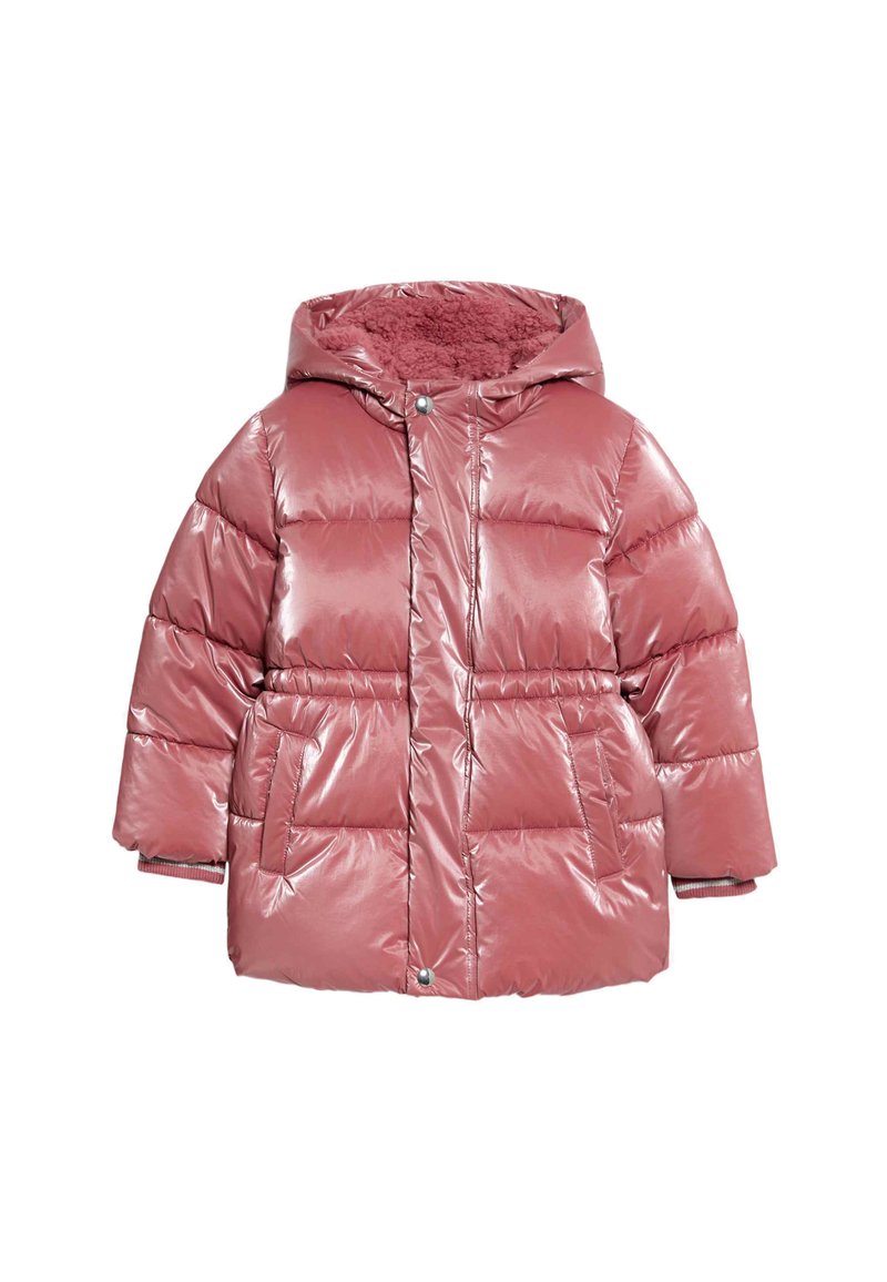Chaqueta acolchada rosa con un acabado brillante, capucha y forro interior de felpa. Presenta secciones acolchadas y bolsillos laterales.
