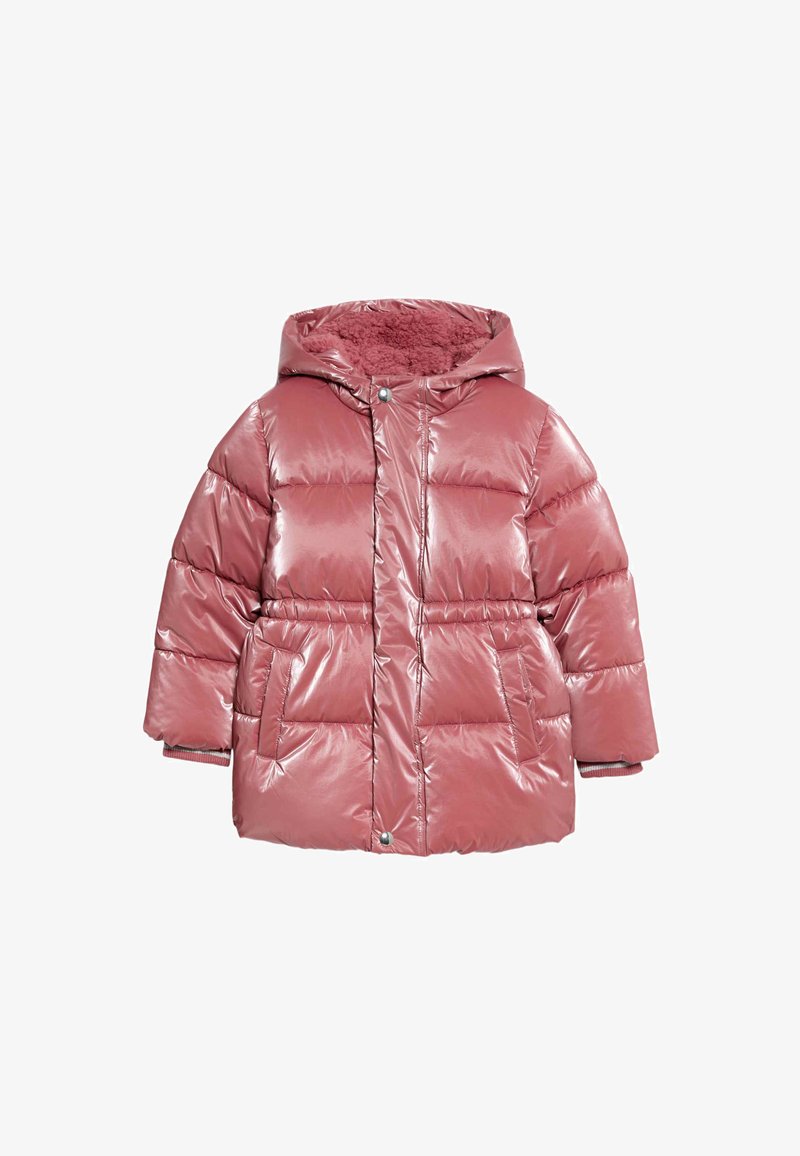 Rosa Puffer-Jacke mit glänzender Oberfläche, Kapuze und plüschigem Innenfutter. Verfügt über gesteppten Abschnitte und Seitentaschen.