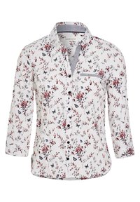 Chemise à boutons florale avec des manches 3/4. Tissu blanc avec des motifs de fleurs et de papillons rouges et bleus, dotée d'une poche poitrine et d'accents gris.