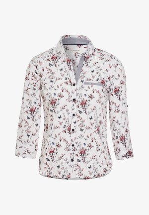 Floral button-up shirt with 3/4 sleeves. White fabric features red and blue flower and butterfly patterns, with a chest pocket and gray accents.