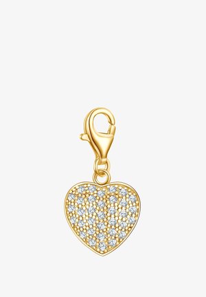 Gold heart-shaped charm with a lobster clasp, featuring a textured surface adorned with small clear gemstones.