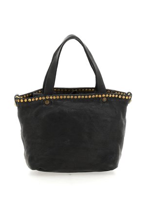 Borsa tote in pelle nera con due manici, decorata con una fila di borchie dorate lungo il bordo superiore.