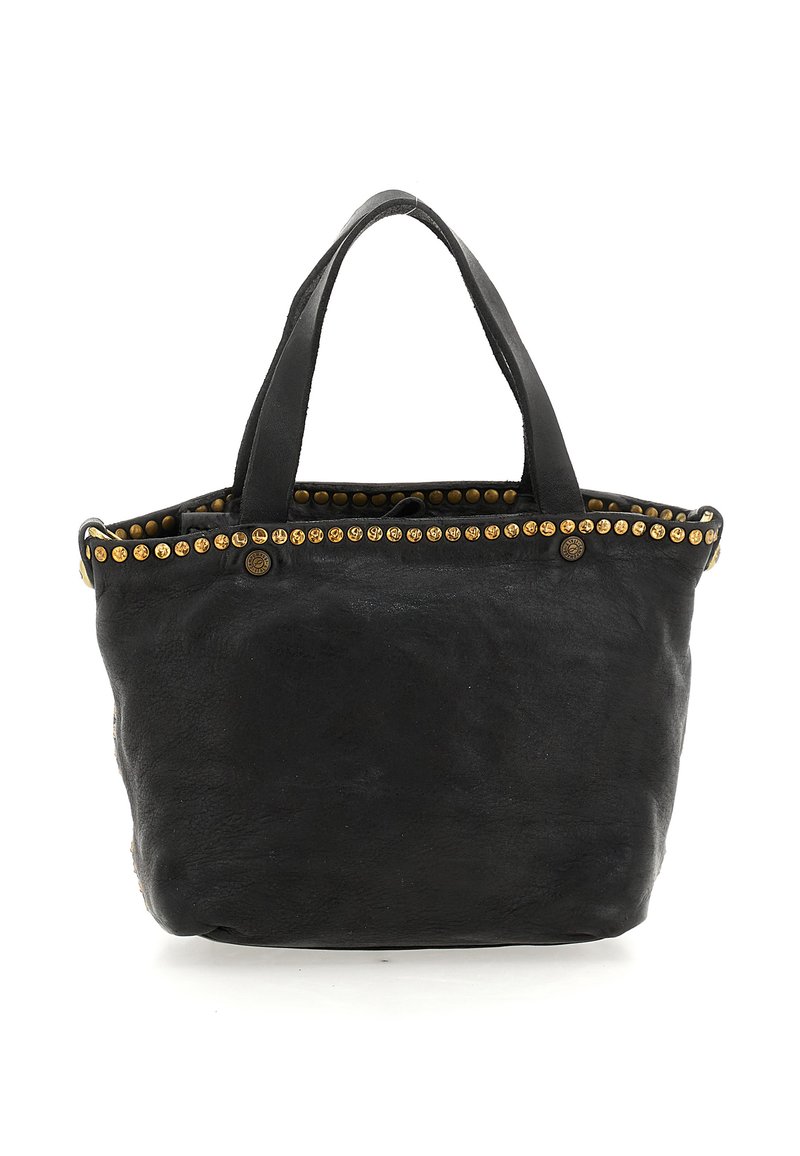 Borsa tote in pelle nera con due manici, decorata con una fila di borchie dorate lungo il bordo superiore.