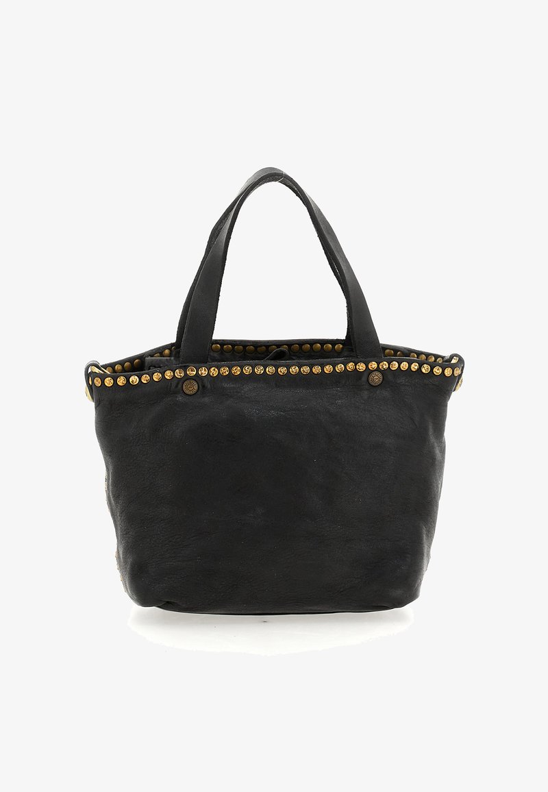 Borsa tote in pelle nera con due manici, decorata con una fila di borchie dorate lungo il bordo superiore.
