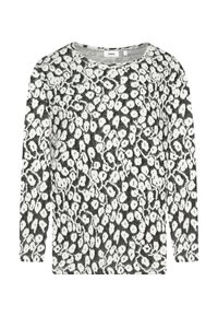 Langärmliges Oberteil in Schwarz und Weiß mit gepunktetem Muster, Rundhalsausschnitt und weicher Textur. Hergestellt aus Strickstoff mit lockerem Schnitt.