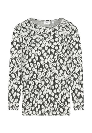Langärmliges Oberteil in Schwarz und Weiß mit gepunktetem Muster, Rundhalsausschnitt und weicher Textur. Hergestellt aus Strickstoff mit lockerem Schnitt.