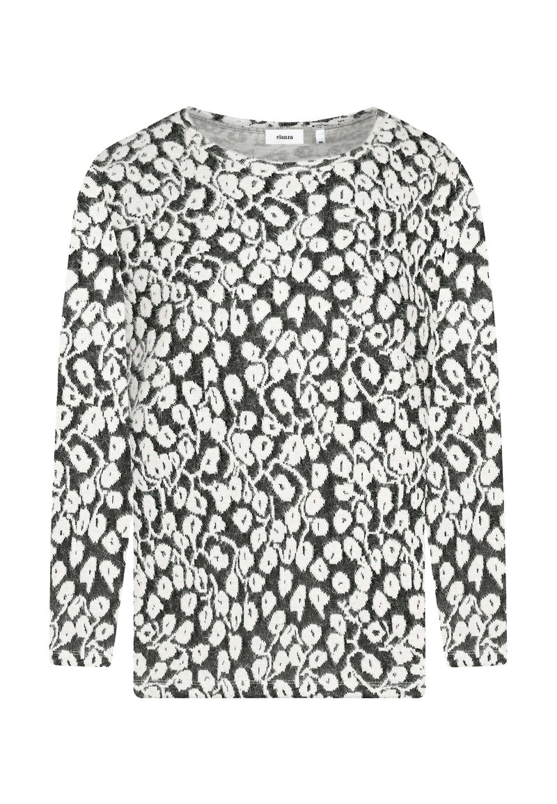 Langärmliges Oberteil in Schwarz und Weiß mit gepunktetem Muster, Rundhalsausschnitt und weicher Textur. Hergestellt aus Strickstoff mit lockerem Schnitt.