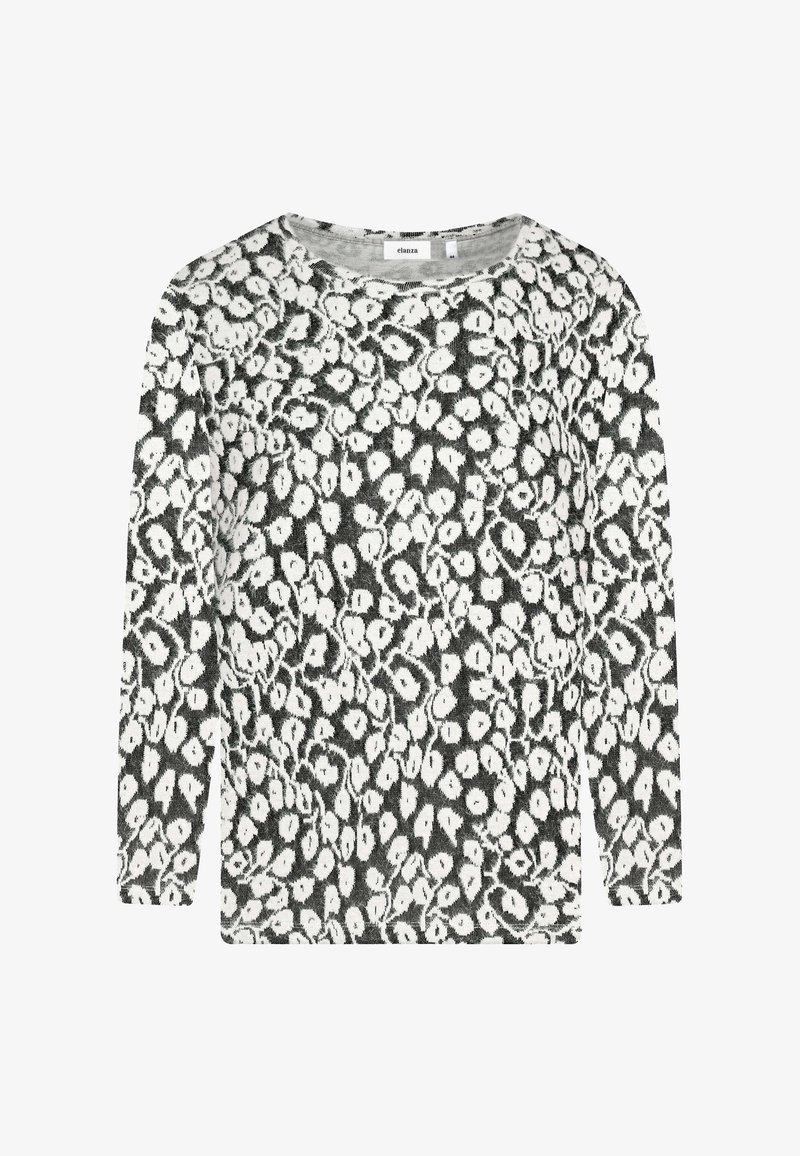 Langärmliges Oberteil in Schwarz und Weiß mit gepunktetem Muster, Rundhalsausschnitt und weicher Textur. Hergestellt aus Strickstoff mit lockerem Schnitt.