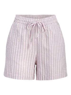 Hellrosa Shorts mit vertikalen schwarzen und weißen Streifen, elastischem Bund und zentralem Kordelzug, der zu einer Schleife gebunden ist.