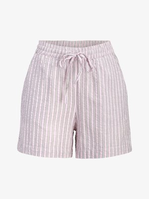 Hellrosa Shorts mit vertikalen schwarzen und weißen Streifen, elastischem Bund und zentralem Kordelzug, der zu einer Schleife gebunden ist.