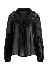 Blouse noire transparente avec un col chemise, manches texturées à pois, lien de serrage à l'avant et détails froncés.
