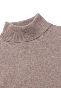 Maglione turtleneck in maglia color marrone chiaro con collo a coste e texture liscia, caratterizzato da un design semplice e pulito, privo di motivi o dettagli.