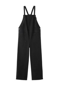 Schwarze Denim-Latzhosen mit verstellbaren Schultergurten, zwei Fronttaschen und locker sitzenden Hosenbeinen. Sauberes, minimalistisches Design.